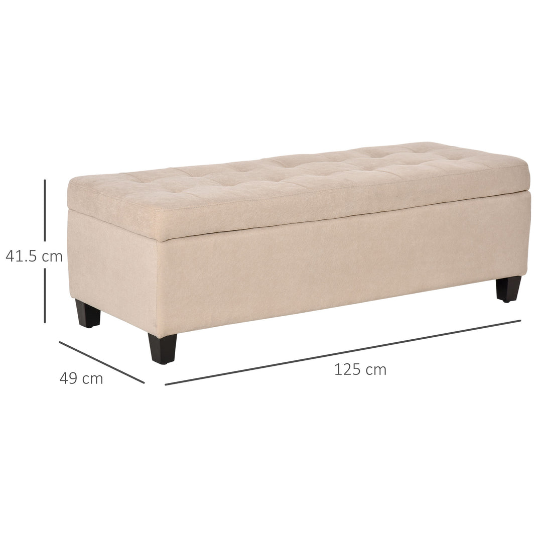 HOMCOM Linen Storage Ottoman, End of Bed Bench, Padded Footrest Seat with Tufting Design, Hinged Lid and Wood Frame 125L x 49W x 41.5H cm Beige