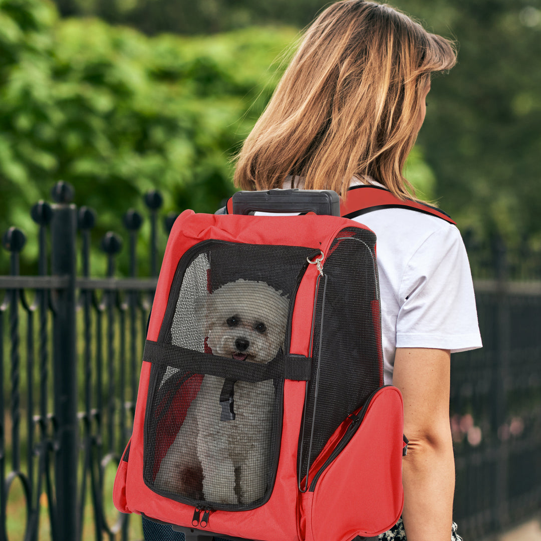 PawHut Pet Carrier Travel Backpack Bag Cat Carrier Dog Bag w/ Trolley and Telescopic Handle, 42 x 25 x 55 cm, Red