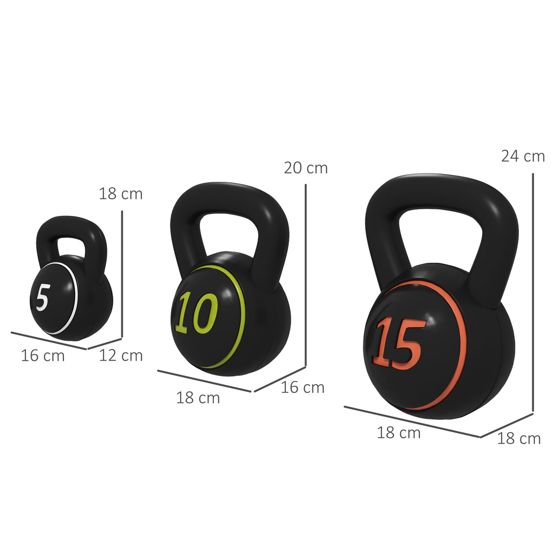 Set 3 Kettlebell Set Weights with Storage Stand for Home Gym Weight Lifting Training, 5lbs, 10lbs, 15lbs