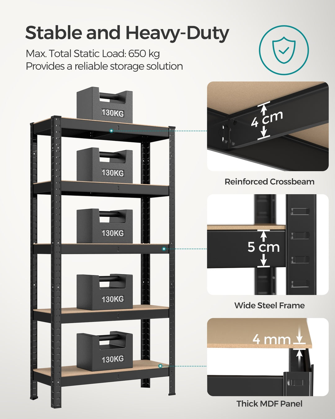 5-Tier Shelving Unit with 650 kg Capacity Black