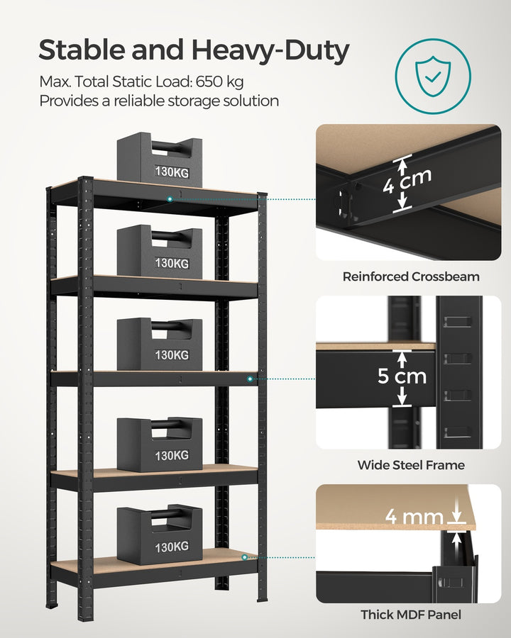 5-Tier Shelving Unit with 650 kg Capacity Black