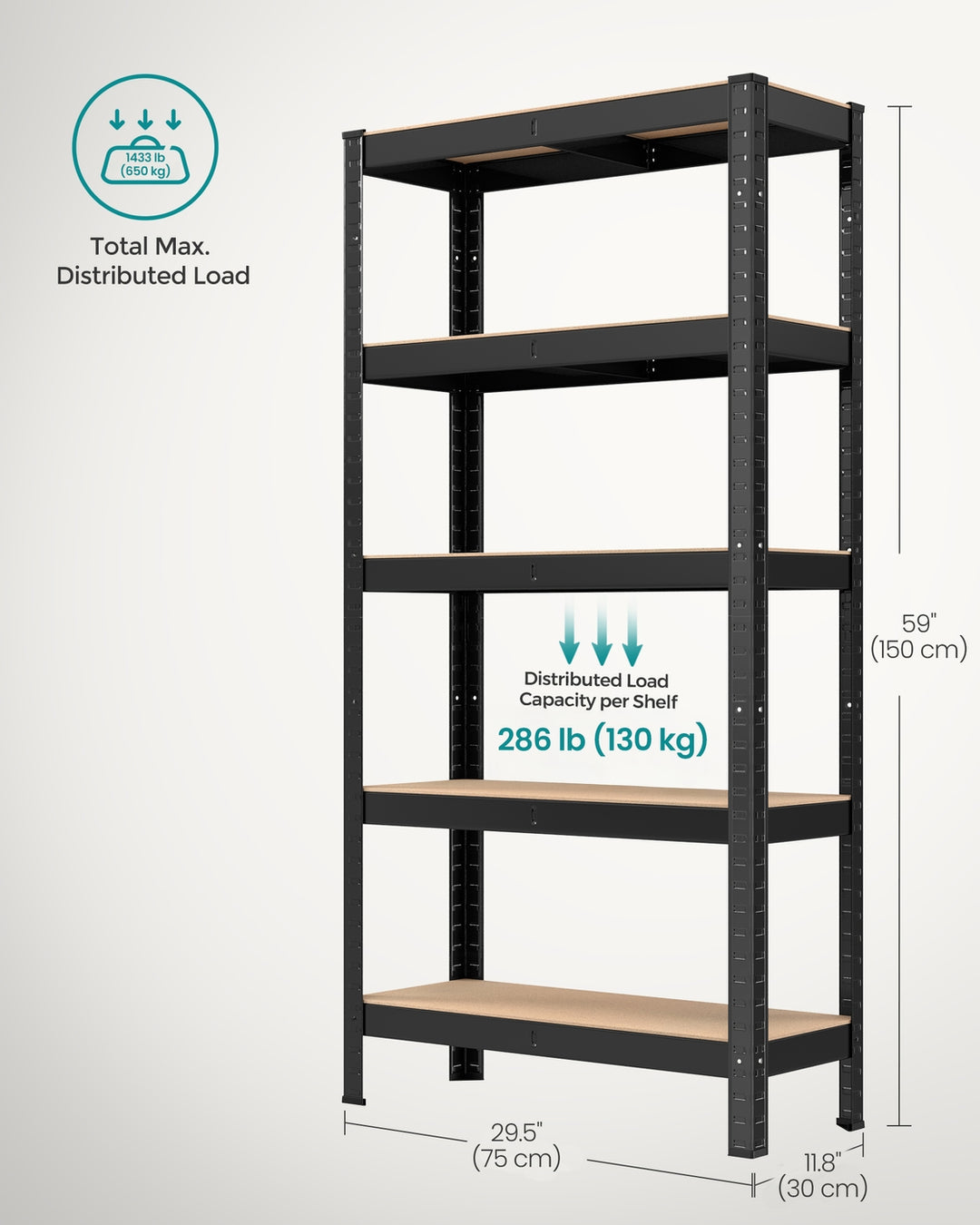 5-Tier Shelving Unit with 650 kg Capacity Black
