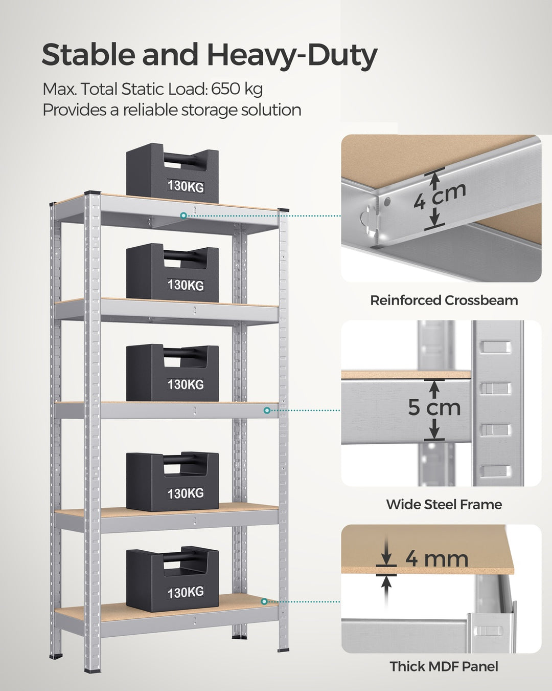 5-Tier Shelving Unit with 650 kg Capacity Silver