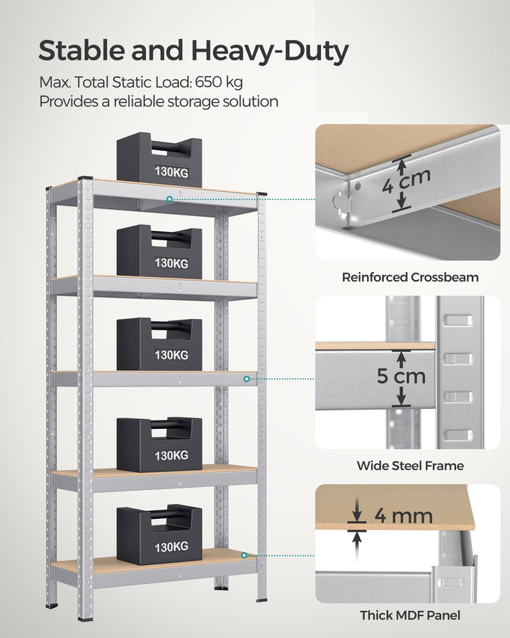5-Tier Shelving Unit with 650 kg Capacity Silver