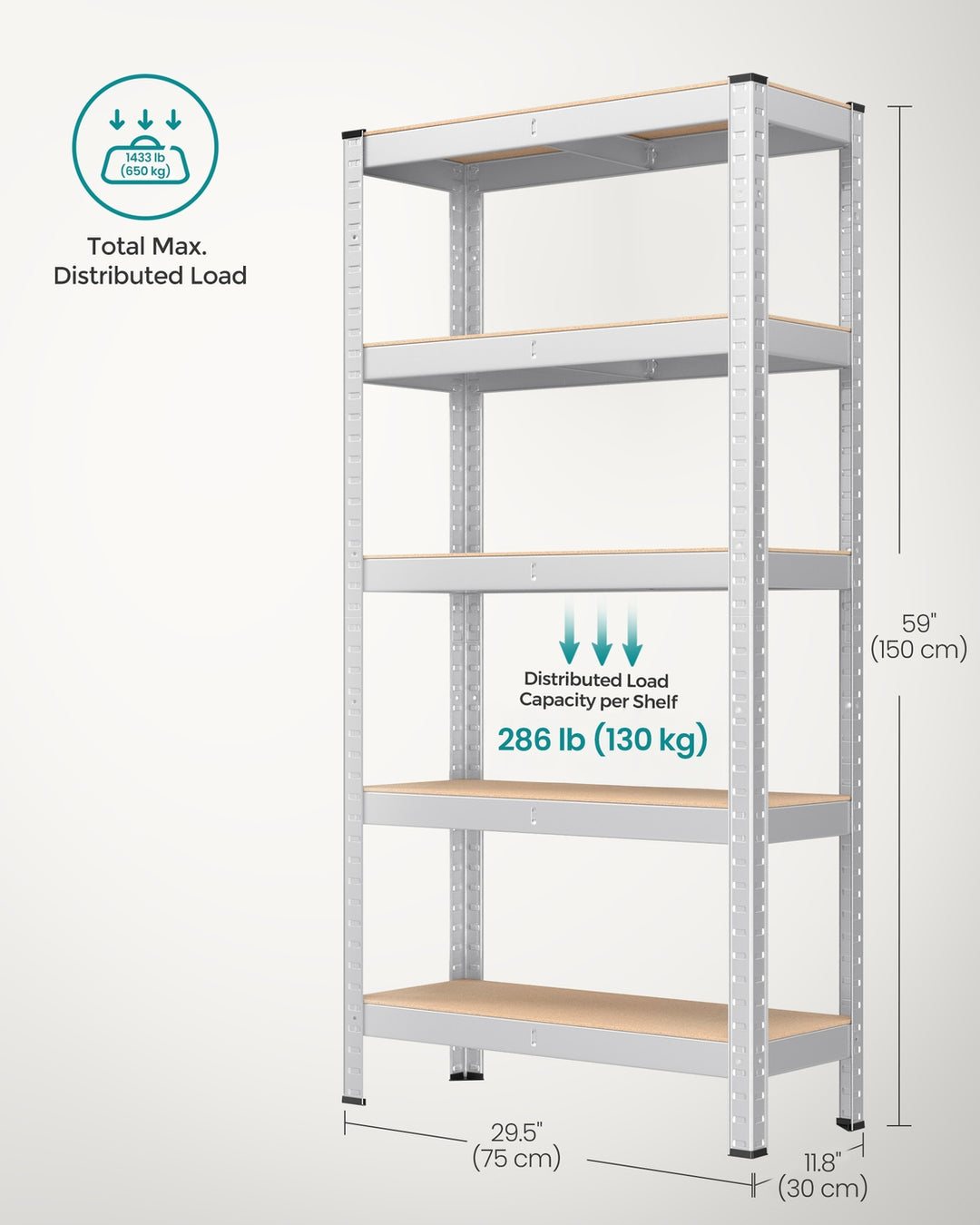 5-Tier Shelving Unit with 650 kg Capacity Silver