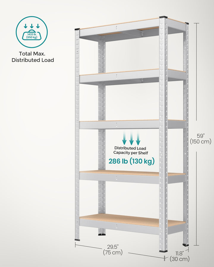 5-Tier Shelving Unit with 650 kg Capacity Silver