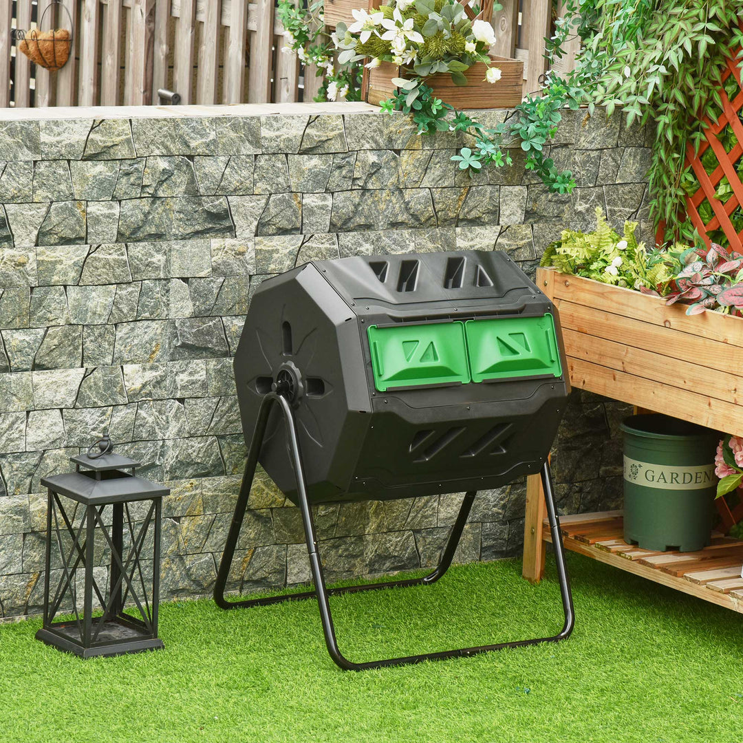 160L Tumbling Compost Bin Outdoor Dual Chamber 360° Rotating Composter w/ Sliding Doors & Solid Steel Frame, Black