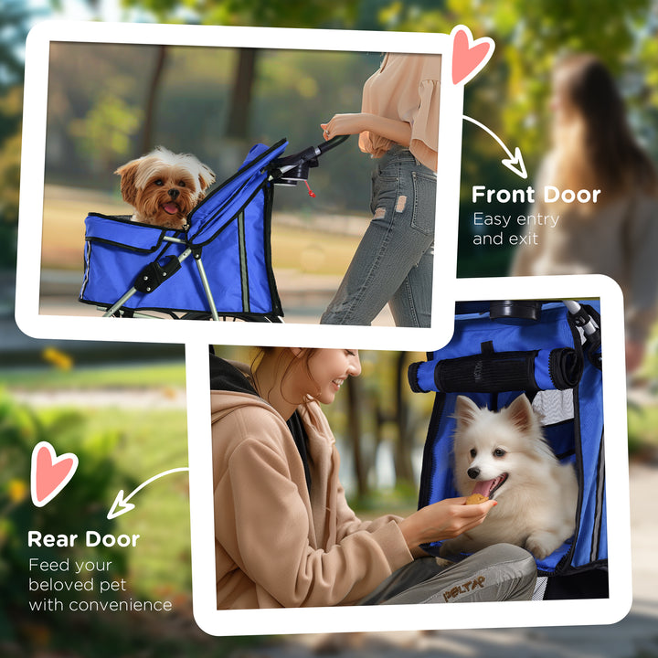 PawHut Dog Pushchair for Small Miniature Dogs Cats Foldable Travel Carriage with Wheels Zipper Entry Cup Holder Storage Basket Blue