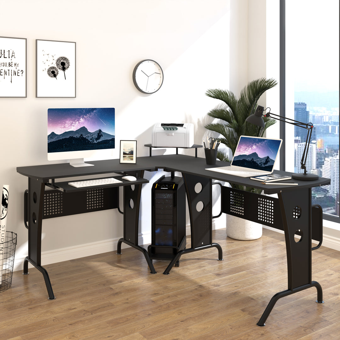 L-Shaped Corner Work Desk Gaming Office w/ Steel Frame CPU Rack Keyboard Tray Space-Saving Melamine Coating Computer Home Workstation Black