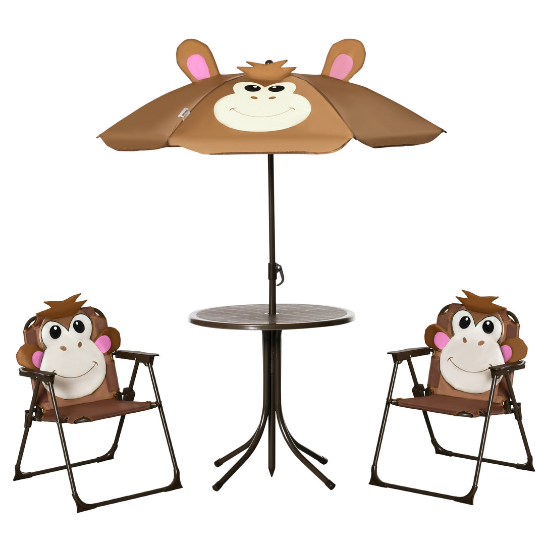 Kids Picnic & Table Chair set, Outdoor Folding Garden Furniture w/ Monkey Design, Removable, Adjustable Sun Umbrella, Ages 3-6 Years - Brown