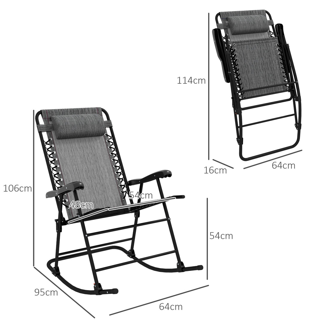 Garden Rocking Chair Folding Outdoor Adjustable Rocker Zero-Gravity Seat with Headrest Camping Fishing Patio Deck - Grey