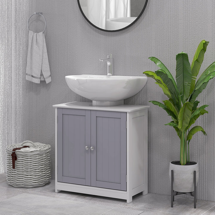 kleankin Vanity Unit Under Sink Bathroom Storage Cabinet w/ Adjustable Shelf Handles Drain Hole Cabinet Space Saver Organizer 60x60cm - White & Grey