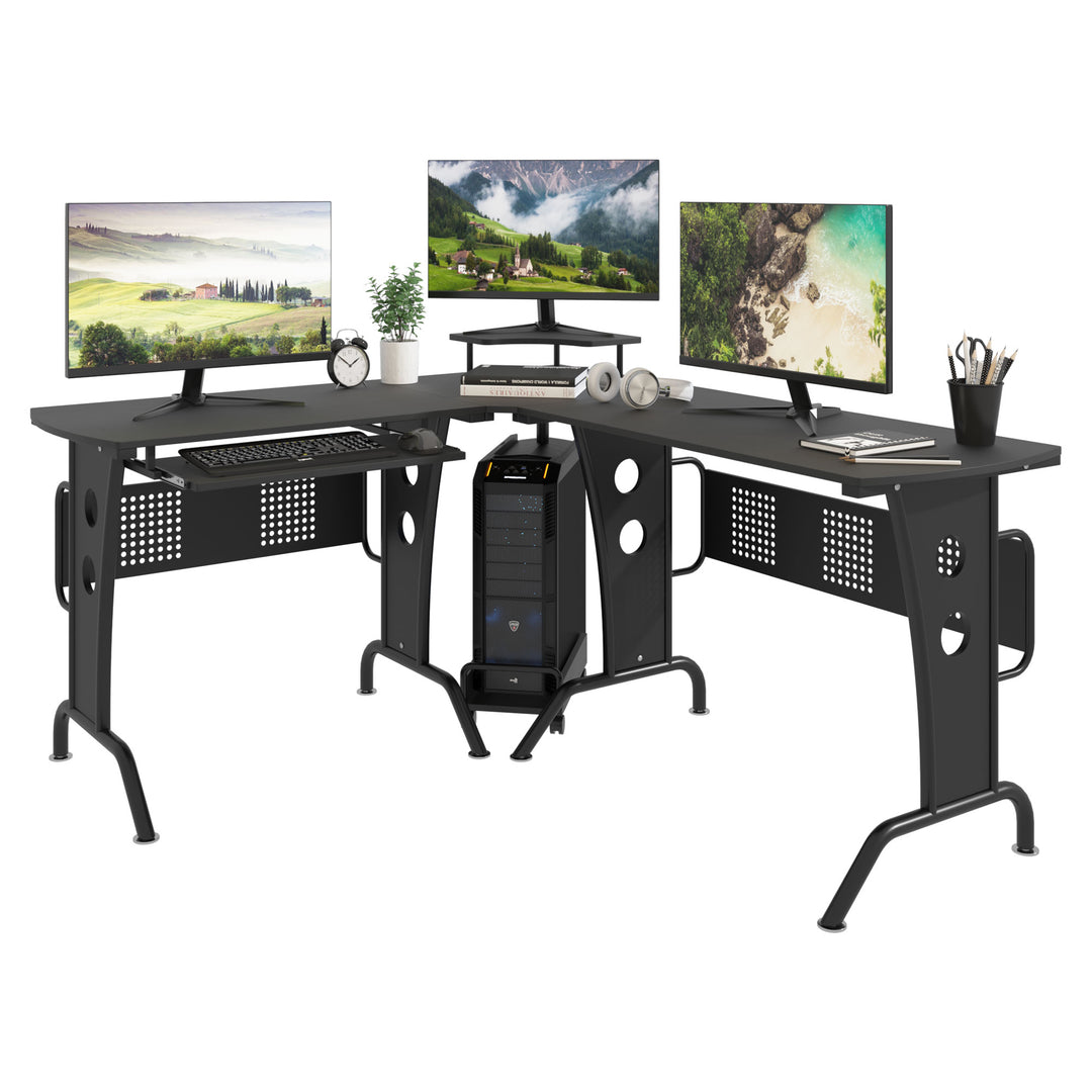 L-Shaped Corner Work Desk Gaming Office w/ Steel Frame CPU Rack Keyboard Tray Space-Saving Melamine Coating Computer Home Workstation Black