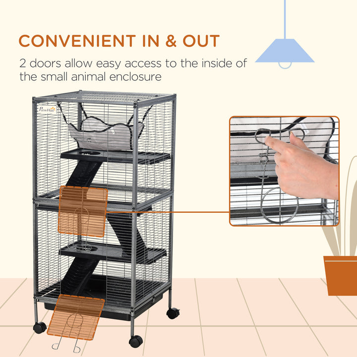 Small Animal Cage with Wheels Pet Home for Chinchillas, Ferrets, Kittens , Hammock, 4 Platforms and Removable Tray