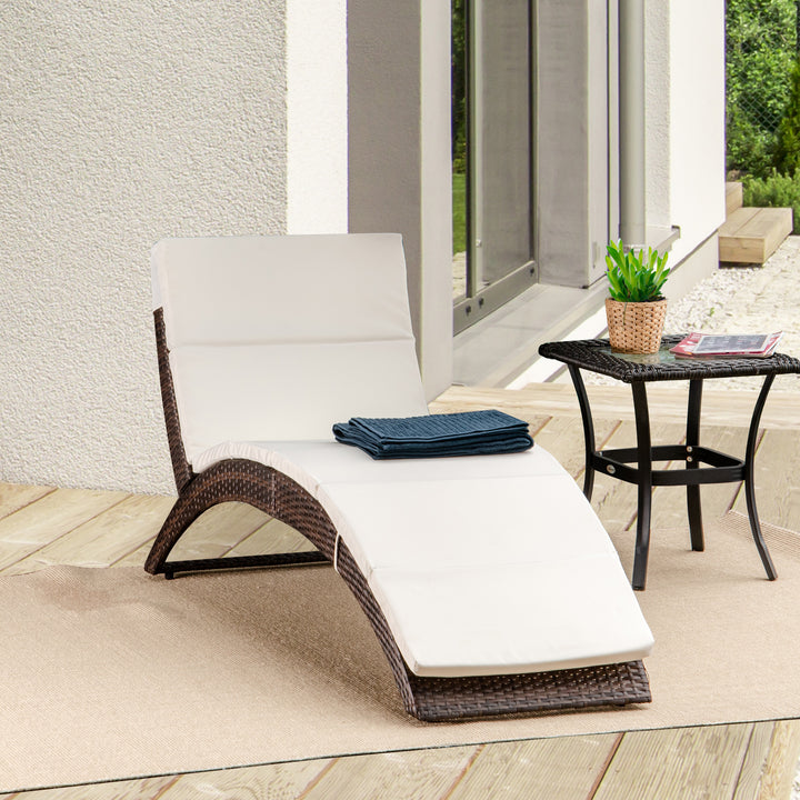 Outsunny Garden Patio Rattan Wicker Folding Sun Lounger Recliner Bed Chair with Cushion for Outdoor, Mixed Brown, White