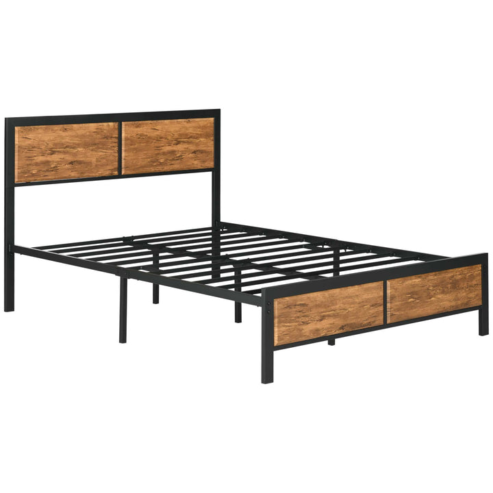 Industrial Double Bed Frame, 5FT Steel Bed Base with Headboard, Footboard, Slatted Support and Under Bed Storage, 147 x 197cm, Rustic Brown