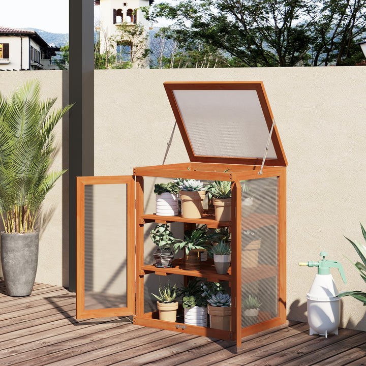 3-tier Wood Greenhouse Garden Polycarbonate Cold Frame Grow House w/ Storage Shelf for Plants, Flowers, Orange