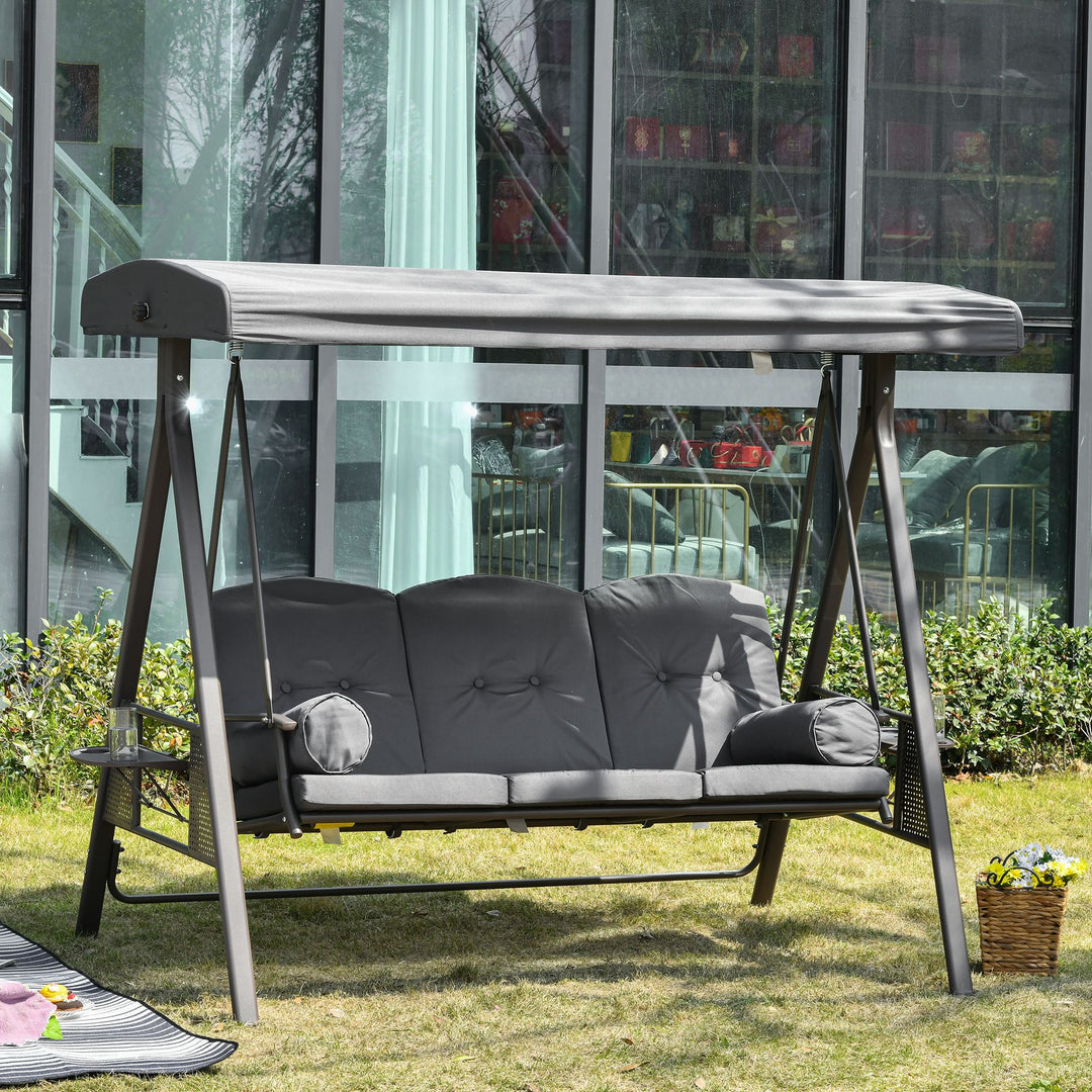 Outsunny 3 Seater Garden Swing Chair Outdoor Hammock Bench w/ Adjustable Canopy, Cushions and Cup Trays, Steel Frame, Dark Grey