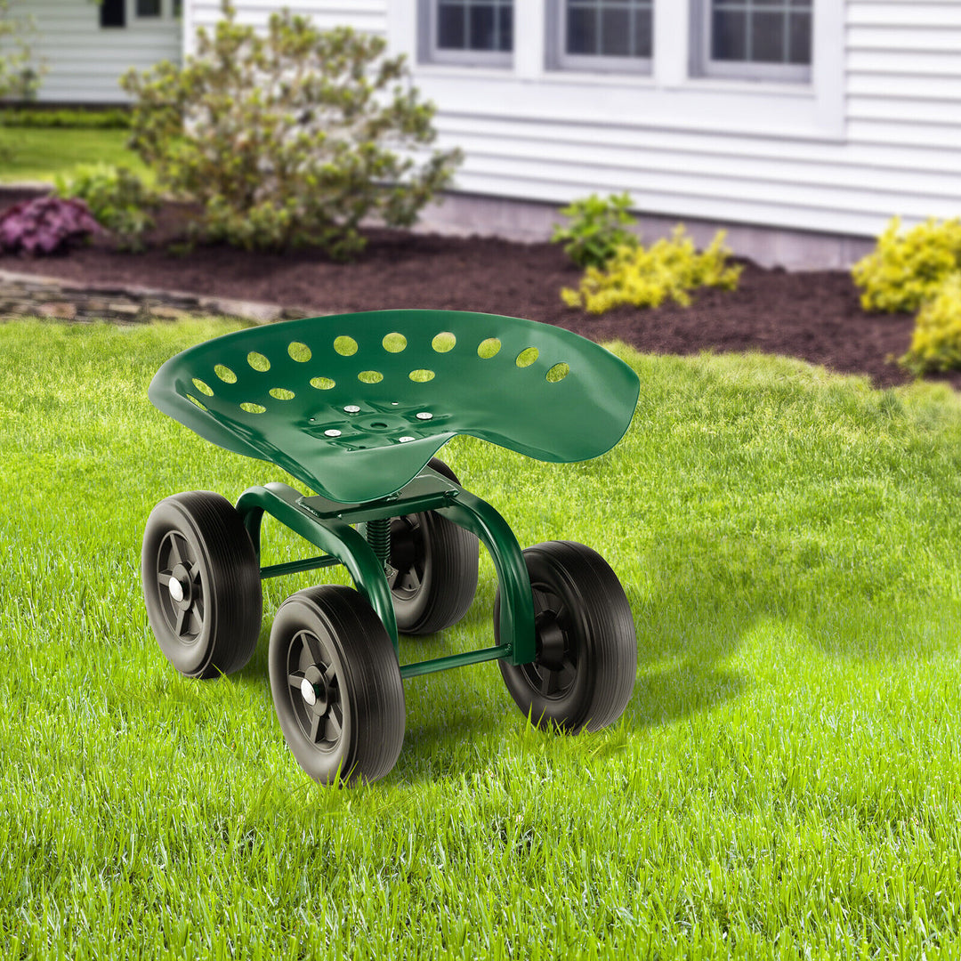 Rolling Garden Workseat with 360°Swivel Seat and Adjustable Height-Green