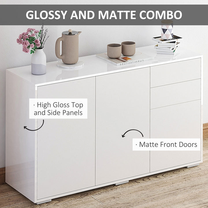 High Gloss Sideboard, Side Cabinet, Push-Open Design with 2 Drawer for Living Room, Bedroom, White