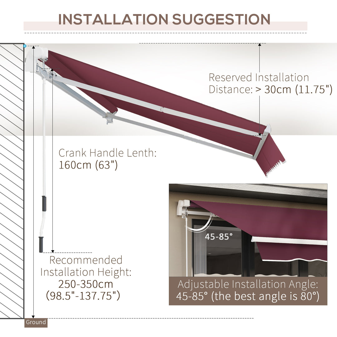 3x4m Garden Patio Retractable Manual Awning Window Door Sun Shade Canopy with Fittings and Crank Handle Wine Red