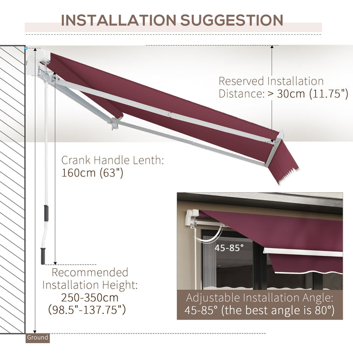 3x4m Garden Patio Retractable Manual Awning Window Door Sun Shade Canopy with Fittings and Crank Handle Wine Red