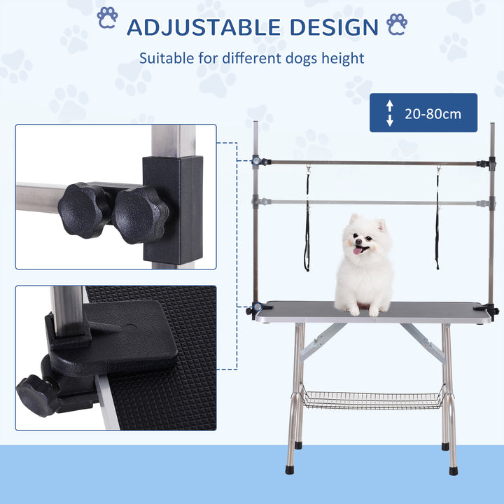 PawHut Adjustable Dog Grooming Table Rubber Top 2 Safety Slings Mesh Storage Basket Heavy Metal Black 107 x 60 x 170cm