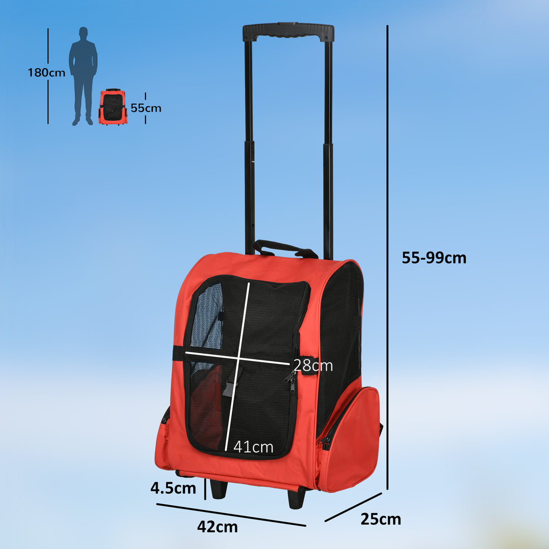 PawHut Pet Carrier Travel Backpack Bag Cat Carrier Dog Bag w/ Trolley and Telescopic Handle, 42 x 25 x 55 cm, Red