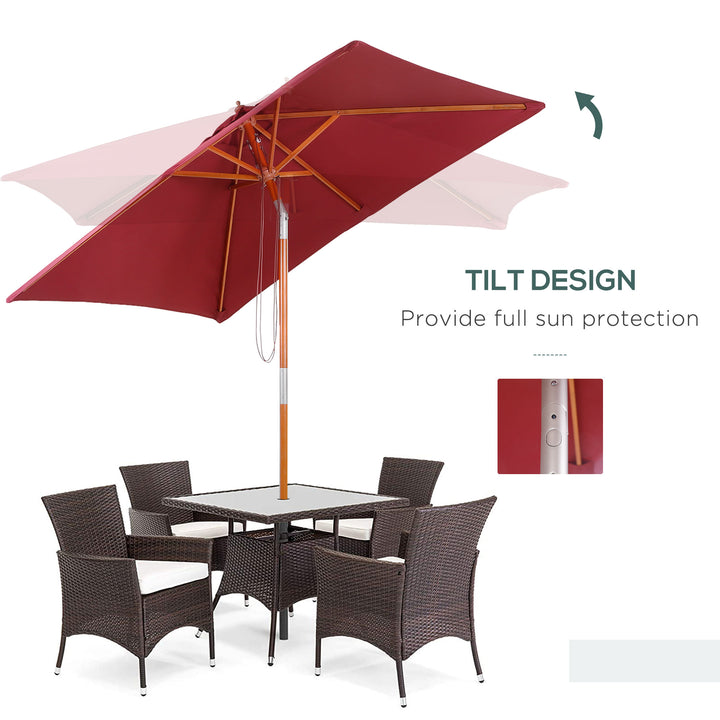 Outsunny 2 x 1.5m Patio Garden Parasol Sun Umbrella Sunshade Canopy Outdoor Backyard Furniture Fir Wooden Pole 6 Ribs Tilt Mechanism - Wine Red