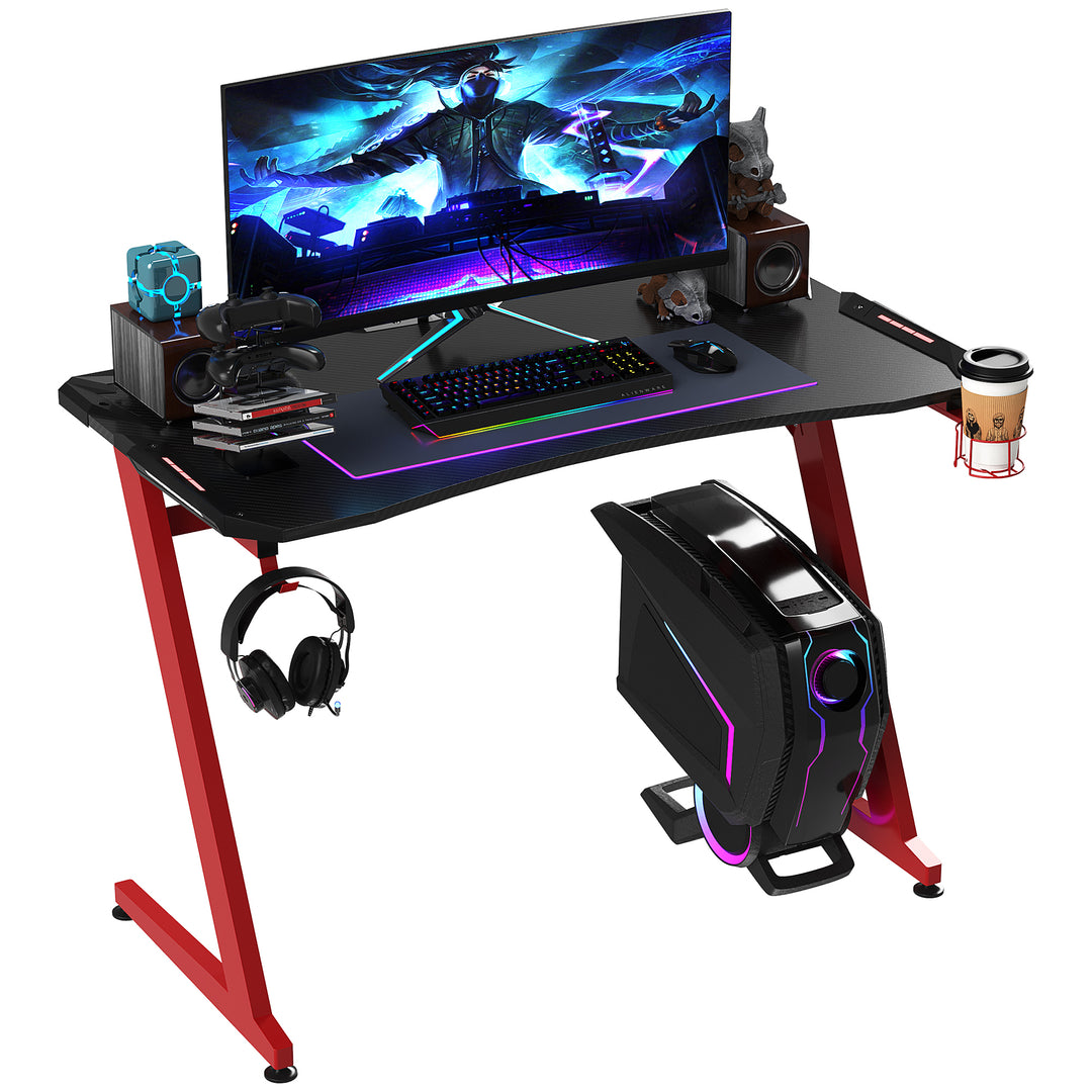 Gaming Desk, Ergonomic Home Office Desk, Gamer Workstation Racing Table, with Headphone Hook and Cup Holder, 122 x 66 x 86cm, Black and Red