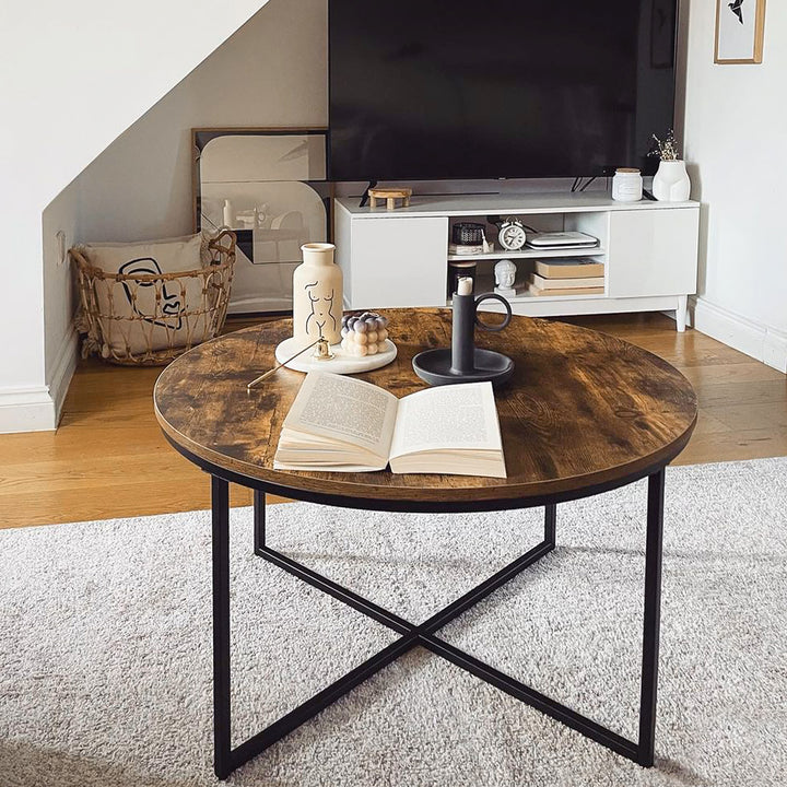 Coffee Table, Industrial Round Side Table with Metal Frame, Large Tabletop for Living Room, Bedroom, Rustic Brown