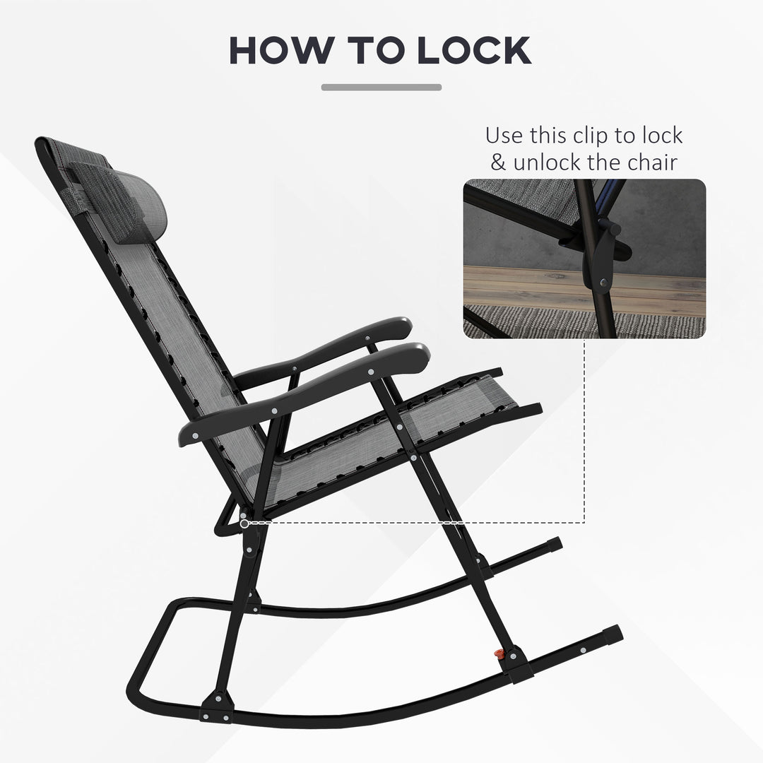 Garden Rocking Chair Folding Outdoor Adjustable Rocker Zero-Gravity Seat with Headrest Camping Fishing Patio Deck - Grey