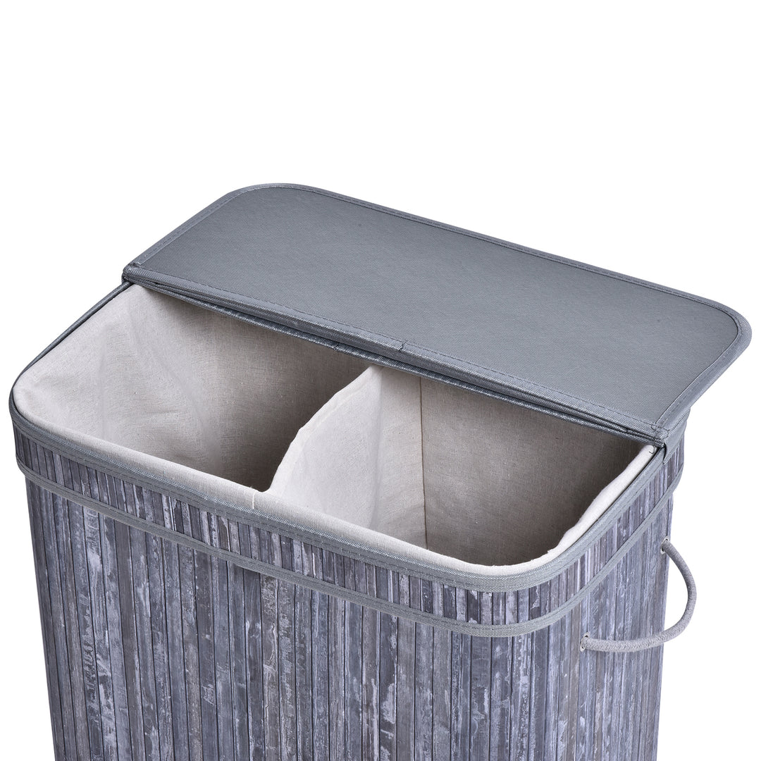 Wooden Laundry Basket w/ Split Compartment Clothes Storage- Grey