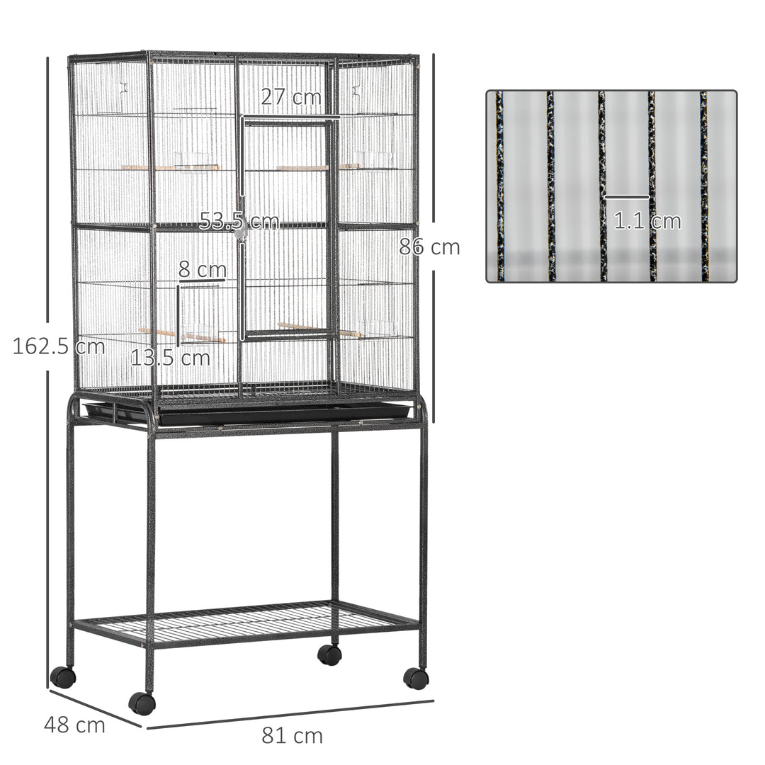 PawHut Bird Cage Metal Canary Cages for Parakeet with Detachable Rolling Stand, Storage Shelf, Wood Perch, Food Container