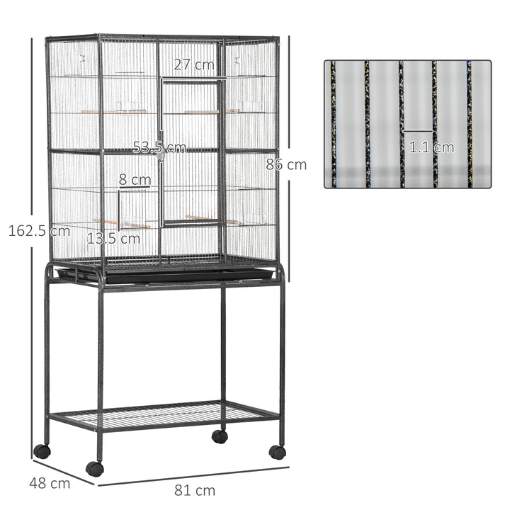 PawHut Bird Cage Metal Canary Cages for Parakeet with Detachable Rolling Stand, Storage Shelf, Wood Perch, Food Container