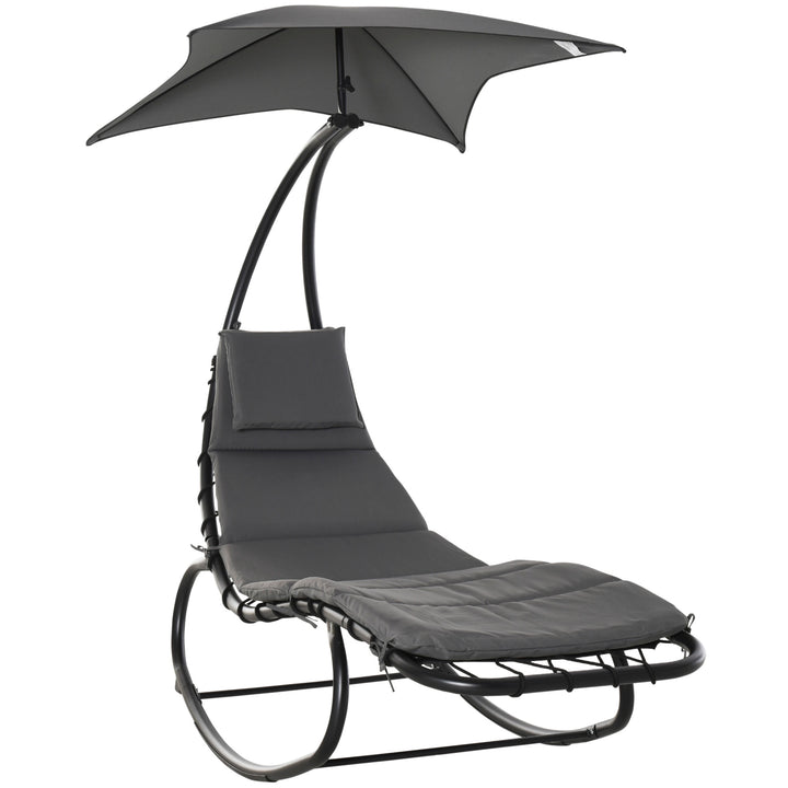 Patio Rocking Chaise Lounger Rocking Bed with Canopy Cushion Headrest Pillow