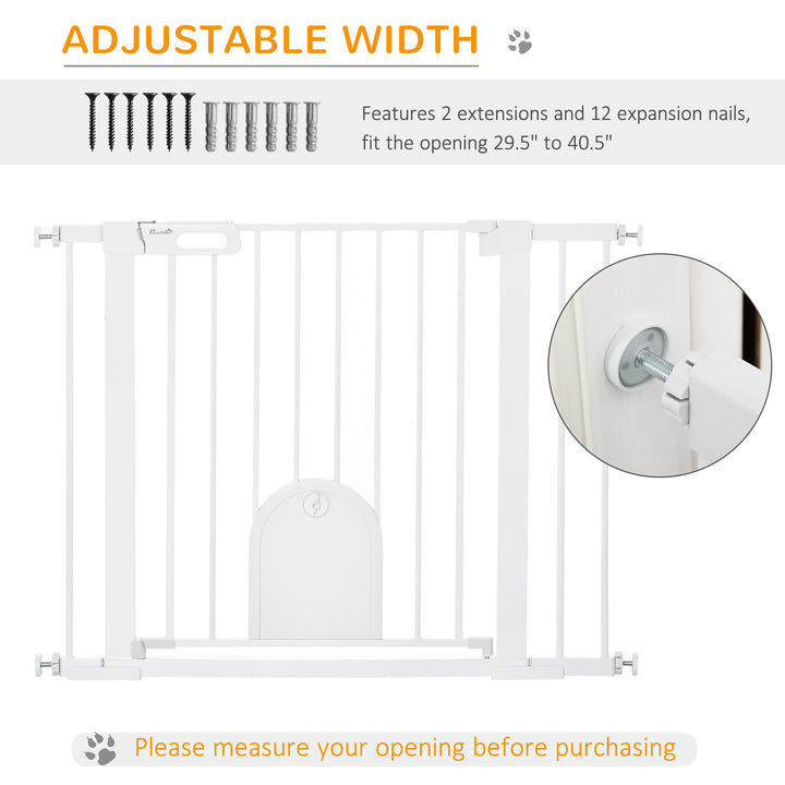 Dog Gate with Cat Flap Pet Safety Gate Barrier, Stair Pressure Fit, Auto Close, 75-103 cm White