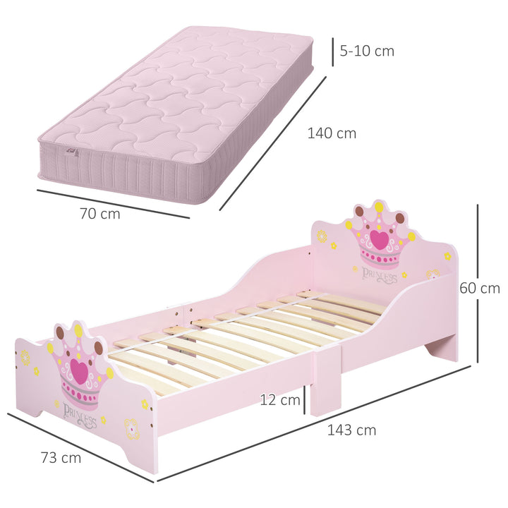 Kids Wooden Bed with Crown Modeling Safety Side Rails Easy to Clean Perfect Gift for Toddlers Girls Age 3 to 6 Years Old Pink