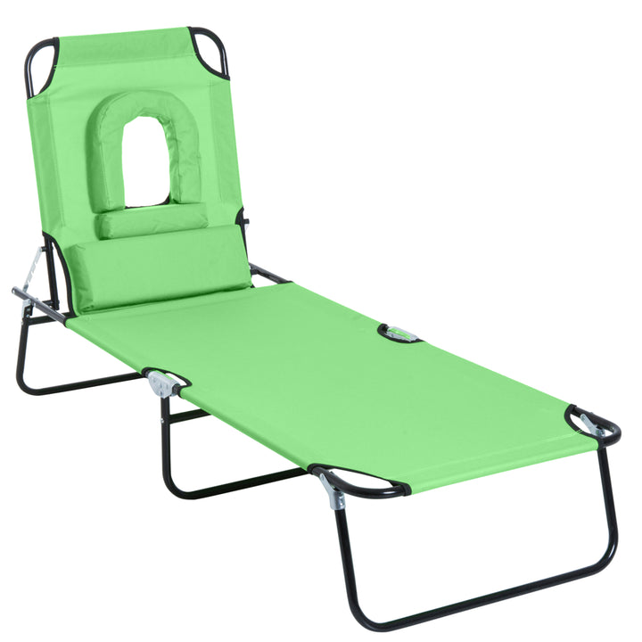 Sun Lounger Foldable Reclining Chair with Pillow and Reading Hole Garden Beach Outdoor Recliner Adjustable Green