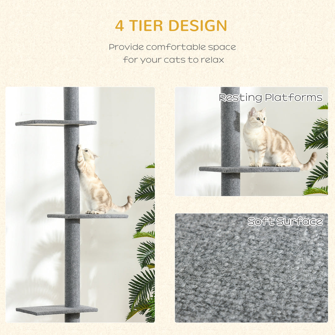 PawHut 260cm Floor To Ceiling Cat Tree w/ 3 Perches Activity Center for Kittens Cat Tower Furniture Grey