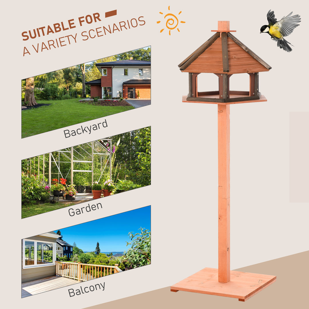 PawHut Wooden Bird Feeder Bird Table Bird House Playstand with Water-resistant Roof 130cm for Outside Use Brown