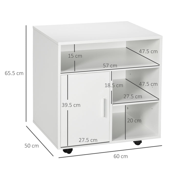 HOMCOM Multi-Storage Printer Stand Unit Office Desk Side Mobile Storage w/ Wheels Modern Style 60L x 50W x 65.5H cm - White