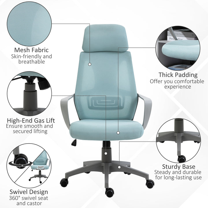 Ergonomic Office Chair w/ Wheel, High Mesh Back, Adjustable Height Home Office Chair - Blue