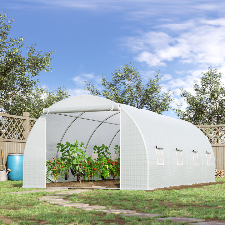 Outsunny 6 x 3 x 2 m Large Walk-In Greenhouse Garden Polytunnel Greenhouse with Metal Frame, Zippered Door and Roll Up Windows, White