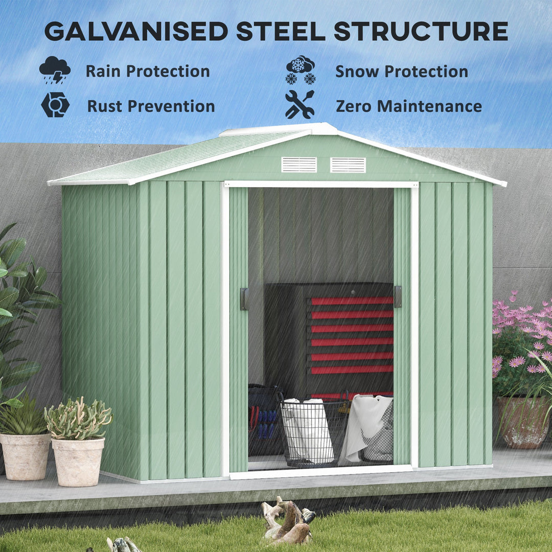 7ft x 4ft Lockable Garden Metal Storage Shed Large Patio Roofed Tool Storage Building Foundation Sheds Box Outdoor Furniture, Light Green