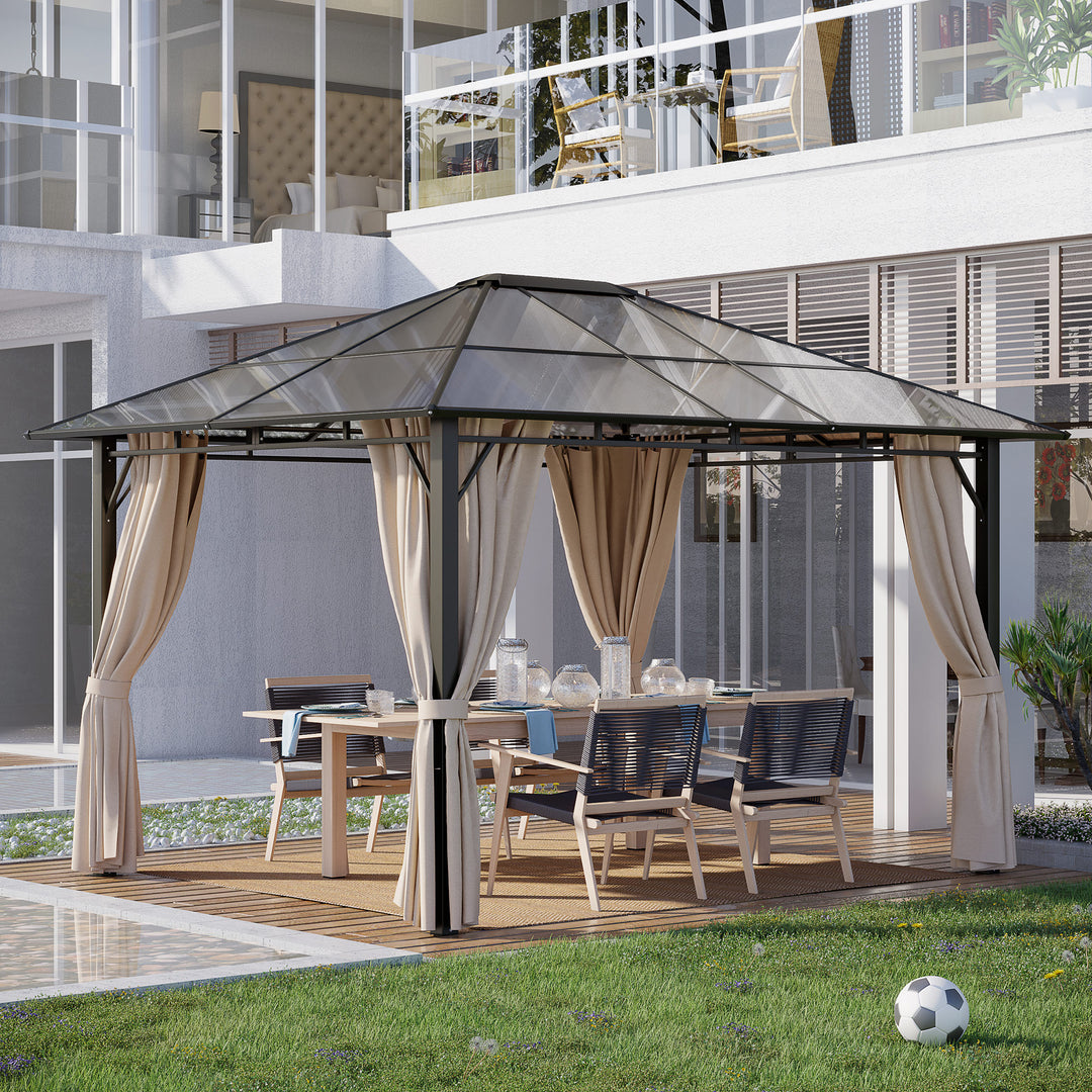 Outsunny 3.6 x 3(m) Hardtop Gazebo Canopy with Polycarbonate Roof Garden Pavilion with Removable Curtains and Steel Frame, Brown