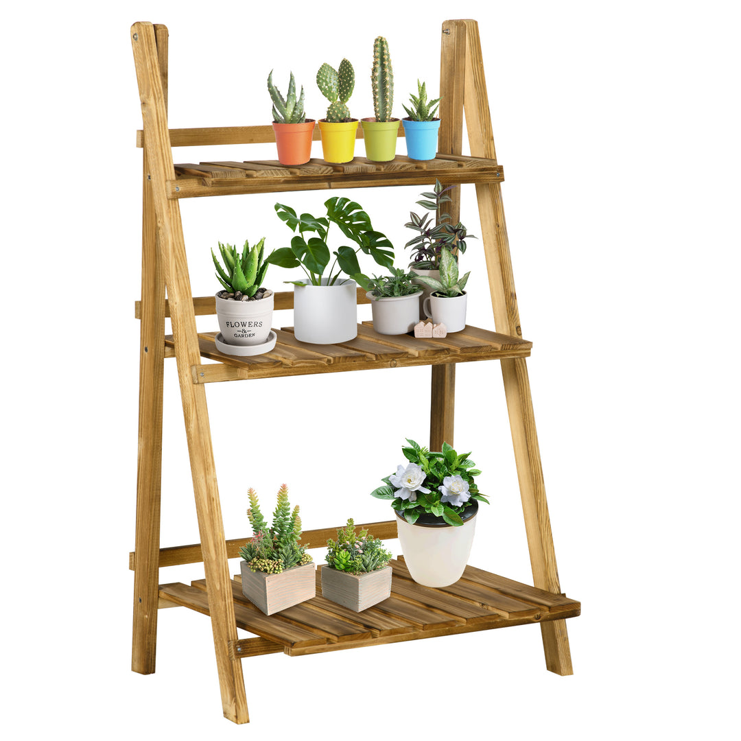 Wooden Folding Flower Pot Stand 3 Tier Garden Planter Display Ladder Gardener Storage Shelves Rack Herb Holder (60L x 37W x 93H (cm))