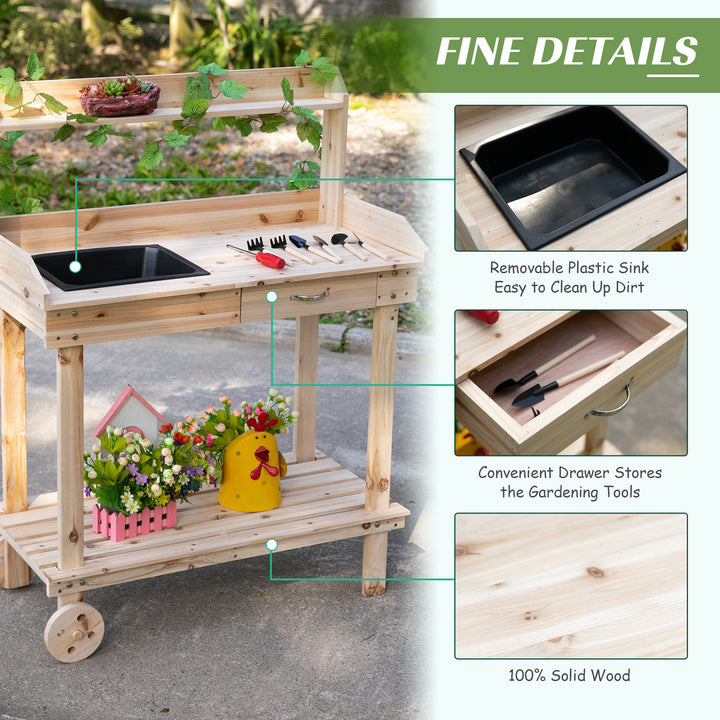 Outsunny Garden Potting Bench Table, Wooden Work Station, Outdoor Planting Workbench with 2 Wheels, Sink, Drawer & Large Storage Spaces, 92x45x119cm