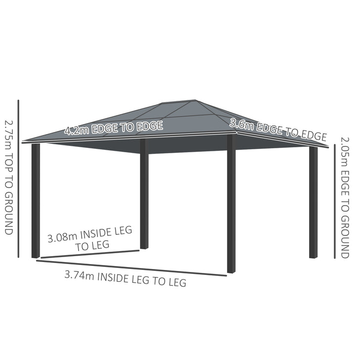 Outsunny 4 x 3.6(m) Hardtop Gazebo Canopy with Polycarbonate Roof and Aluminium Frame, Garden Pavilion with Mosquito Netting and Curtains