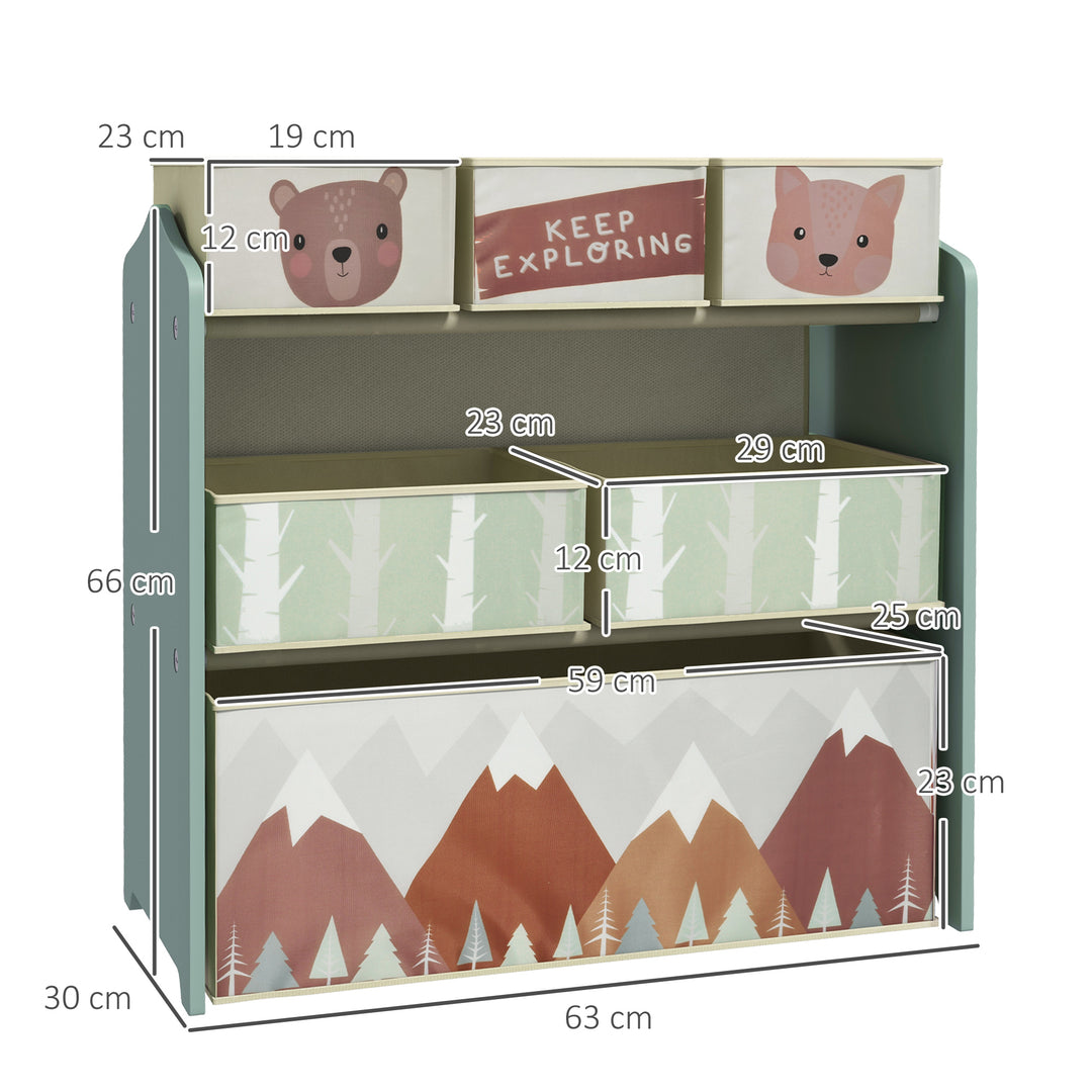 Kids Storage Units with 6 Fabric Bins, Childrens Toy Storage Organiser - Green